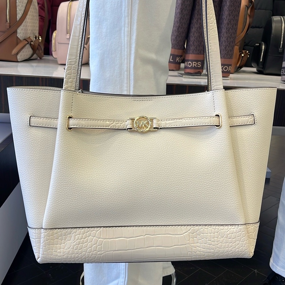 MICHAEL KORS
Reed Lg Leather Belted Satchel Shoulder Handbag 
Light Cream Crocod